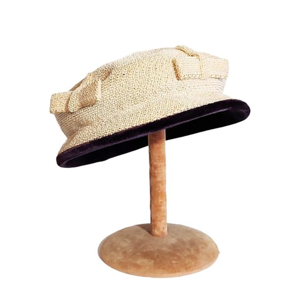 1950s Vintage Cream Small Straw Hat With Deep Purple Velvet Trim And Bows - Picture 1 of 7